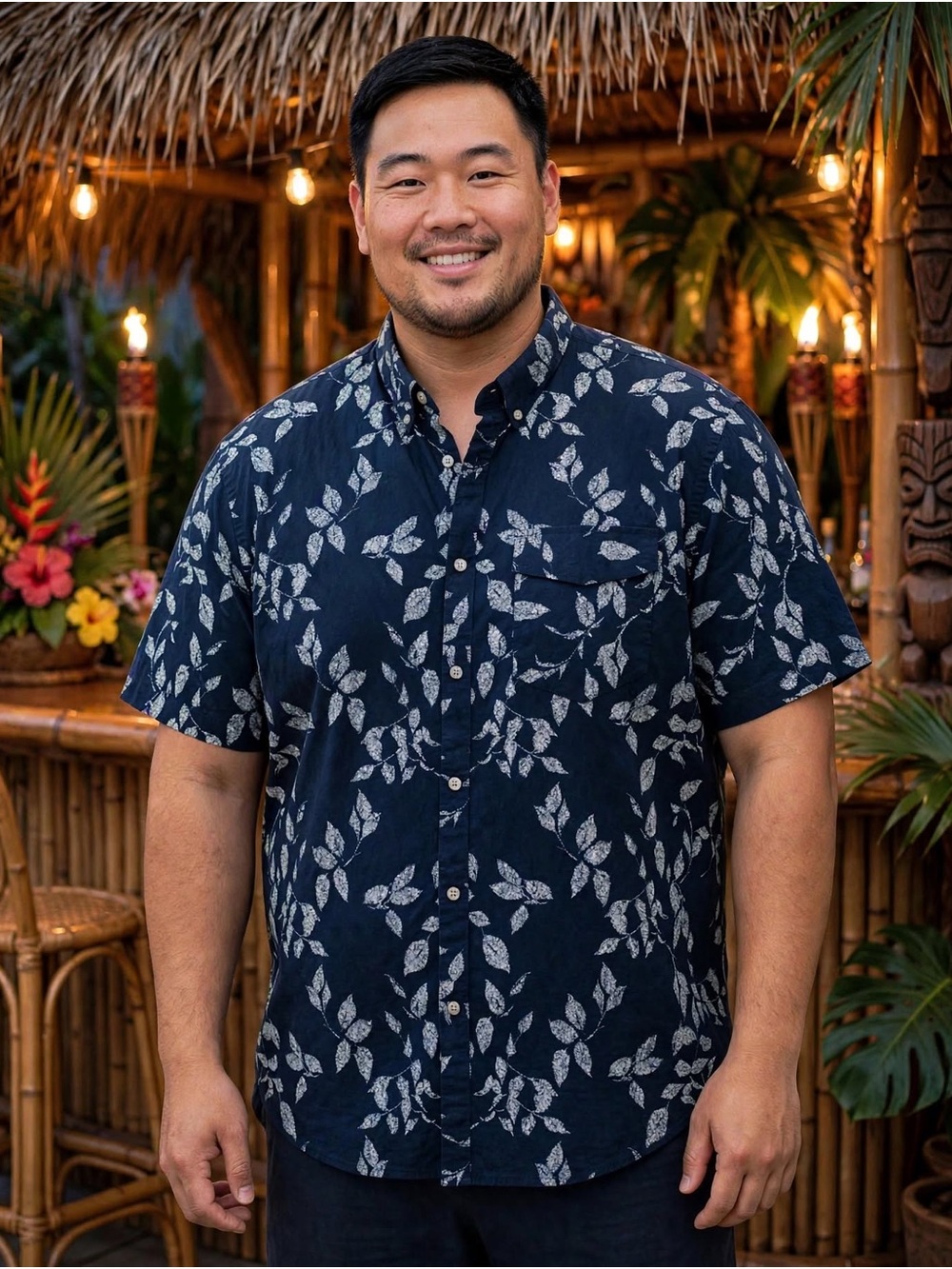 Men's Navy Short-Sleeve Leaf Print Button-Down Shirt